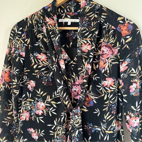 Rachel Rachel Roy Tie Neck Black Chiffon Sheer Sleeve Floral Mini Dress Size 4 - Picture 4 of 16